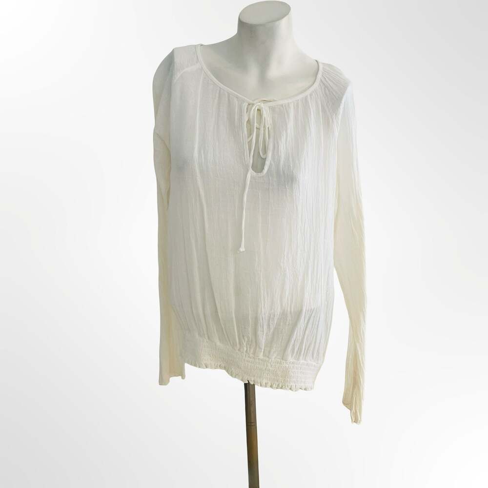 Grassroots White 100% Cotton Gauze Peasant Blouse Long Sleeve Tie Neck
